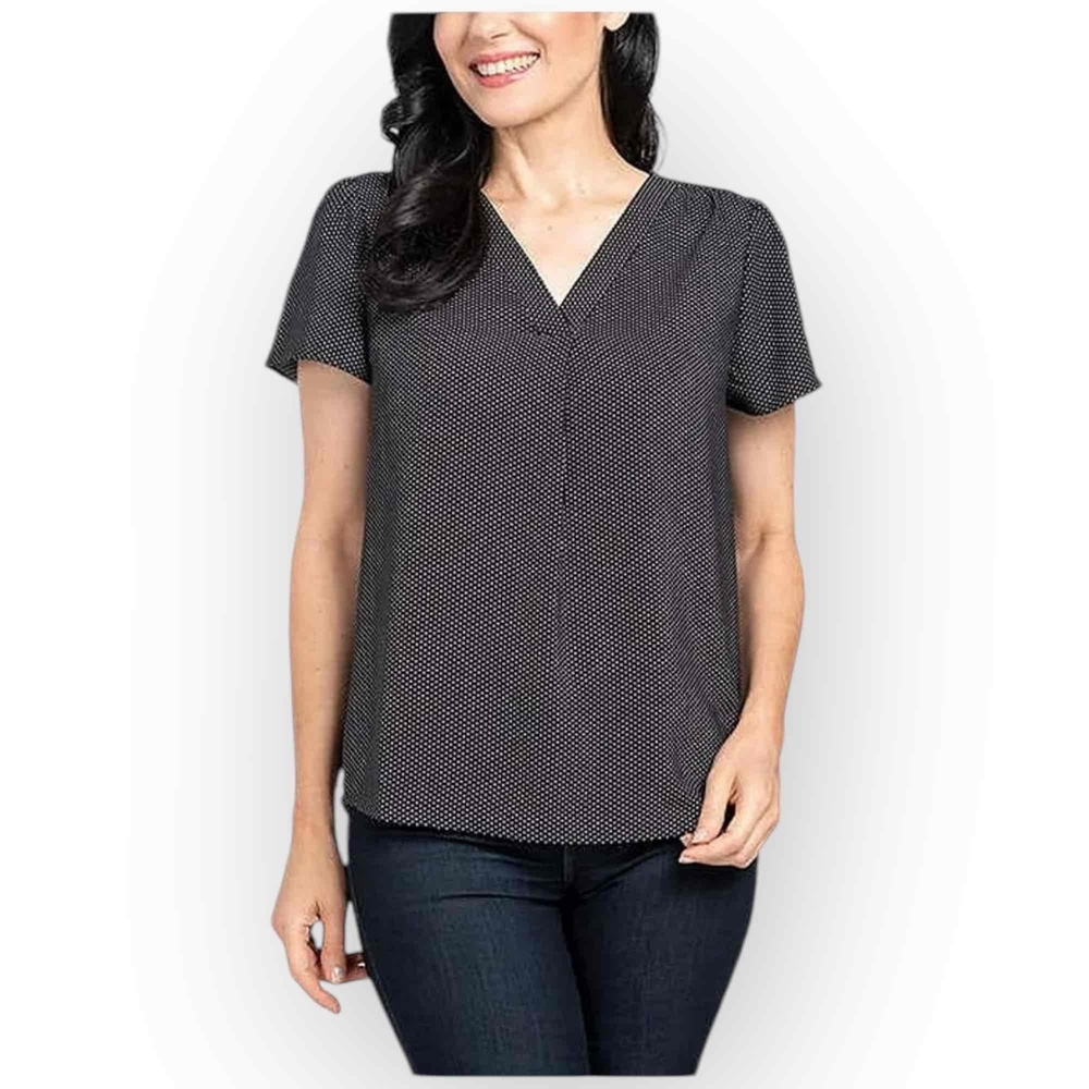 Hilary Radley Women's V-Neck Printed Blouse (L, Black/Off-White, Polka Dot) 803L